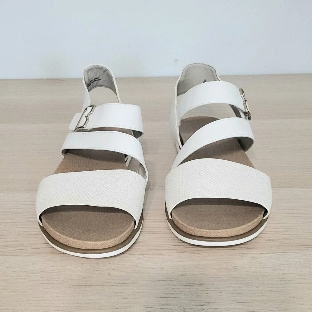 Dr Scholl's Timeless Fun Sandals White Tan Strappy Buckle Foam Footbed 8